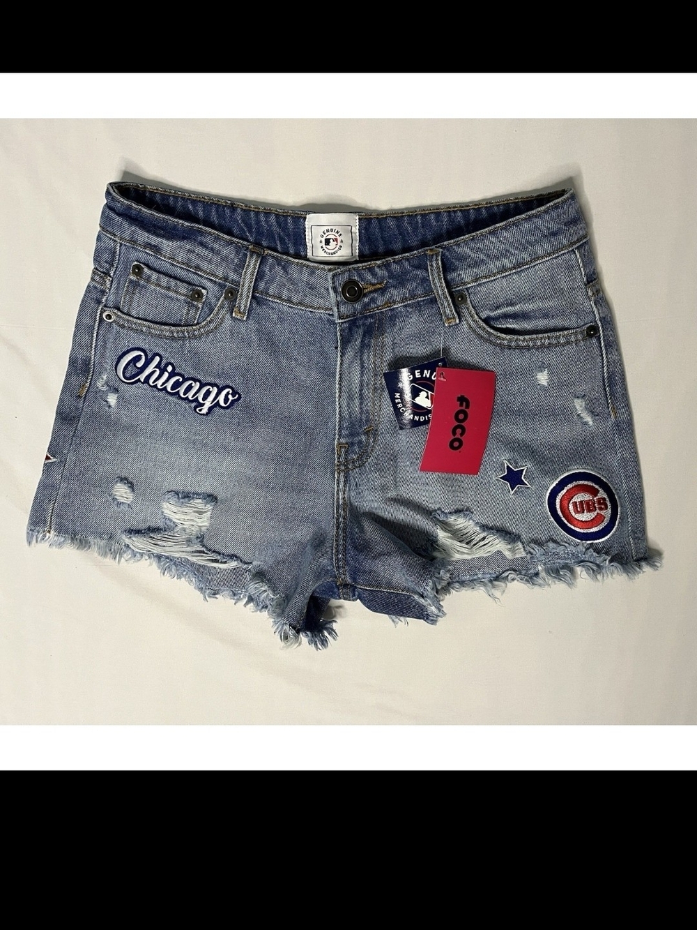 MLB Chicago Light Blue Distressed Denim Shorts with Patches
